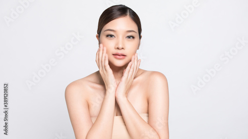 Beautiful young Asian woman with clean fresh skin on white background, Skin care, Facial treatment, Cosmetology, beauty and spa, Asian female portrait