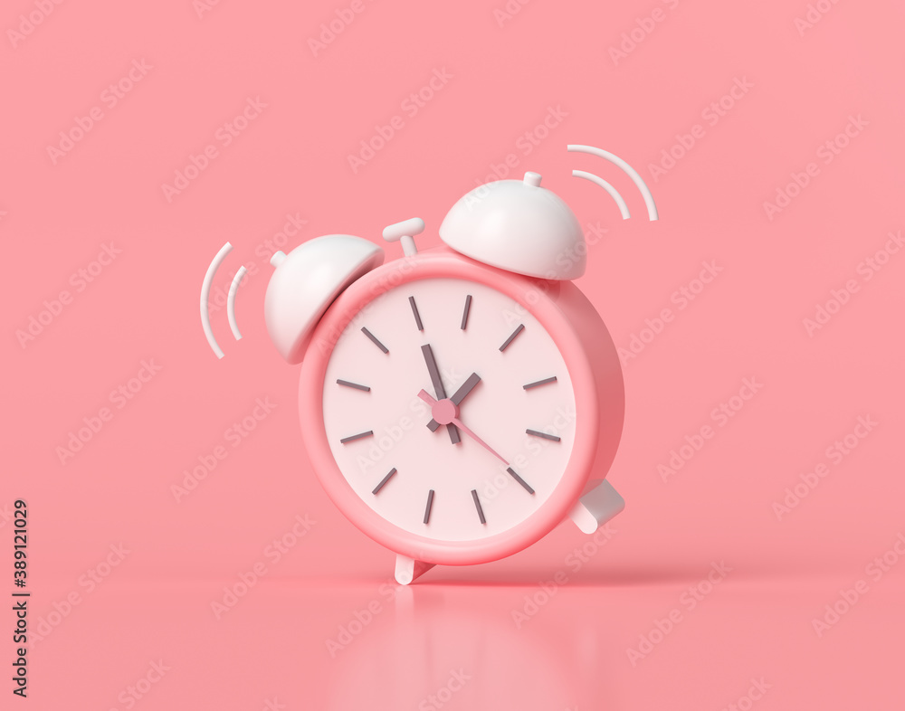 Minimal Pink alarm clock on pink background. 3D render illustration - obrazy, fototapety, plakaty 