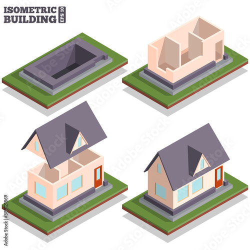 A set of stages of building a house. Isolated on white background. Isometric. Vector illustration.