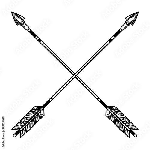 Crossed arrows vector illustration. Medieval weapon, war or battle accessory. History or fight concept for tattoo or archery club emblem templates