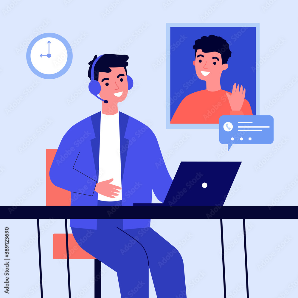 Happy men chatting online via video call. Laptop, distance, conference flat vector illustration. Communication and digital technology concept for banner, website design or landing web page