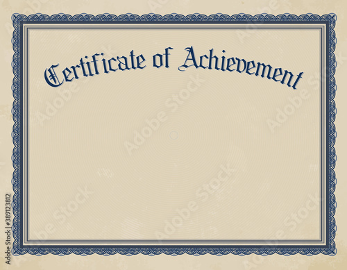 Certificate of achievement template.    Blue circular border pattern on textured paper with copy space. Award for achievements or recognition given out by schools, employers or clubs. Vector graphic