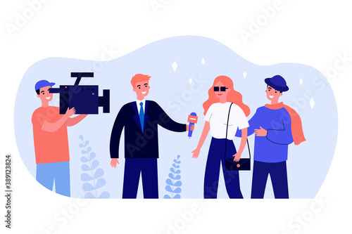 Happy journalist interviewing celebrity. Camera, microphone, star flat vector illustration. Television and broadcast concept for banner, website design or landing web page
