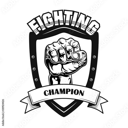 Fighting champion symbol vector illustration. Fists on heraldry ir patch, text on ribbon. Lifestyle concept for fight club emblem or gangsta tattoo templates