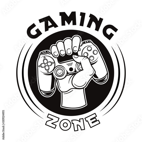 Vintage badge of hand holding joystick vector illustration. Round label with gamepad. Videogame and gaming zone concept can be used for retro template, banner or poster