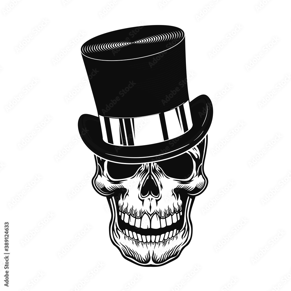 Vettoriale Stock Skull in top hat vector illustration. Head of scary  character in gentleman cylinder hat. Headwear concept for retro fashion or  style topics, bar or club emblems template | Adobe Stock