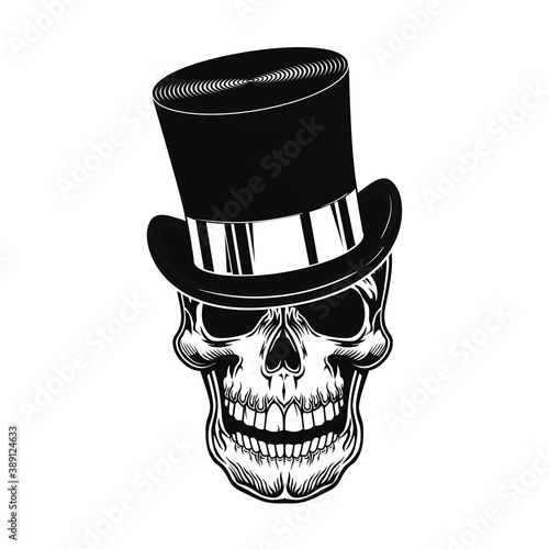 Skull in top hat vector illustration. Head of scary character in gentleman cylinder hat. Headwear concept for retro fashion or style topics, bar or club emblems template