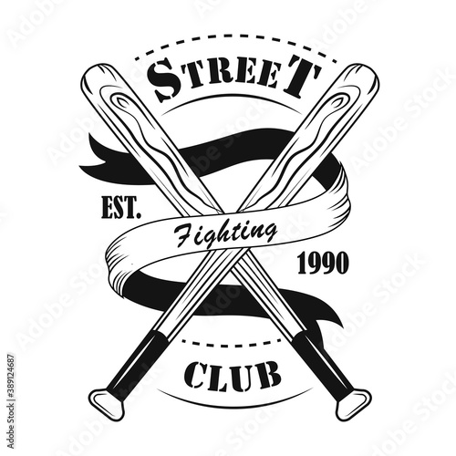 Street fight club symbol vector illustration. Crossed baseball bats, text on ribbon. Lifestyle concept for fight club emblem or gangsta tattoo templates
