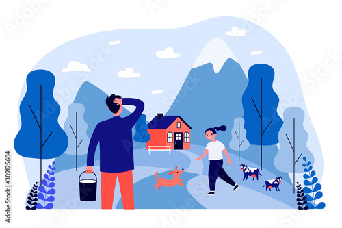 Happy girl playing in mountain village with dog. Cow, house, milk flat vector illustration. Countryside and nature concept for banner, website design or landing web page