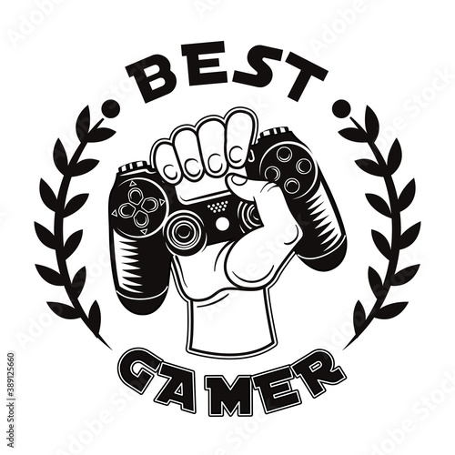 Retro best gamer badge vector illustration. Monochrome hand grasping game controller. Videogame and computer tournament concept can be used for retro template, banner or poster