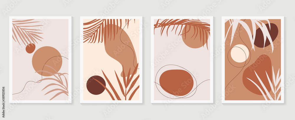 Botanical wall art vector set. Earth tone boho foliage line art drawing with  abstract shape.  Abstract Plant Art design for print, cover, wallpaper, Minimal and  natural wall art..