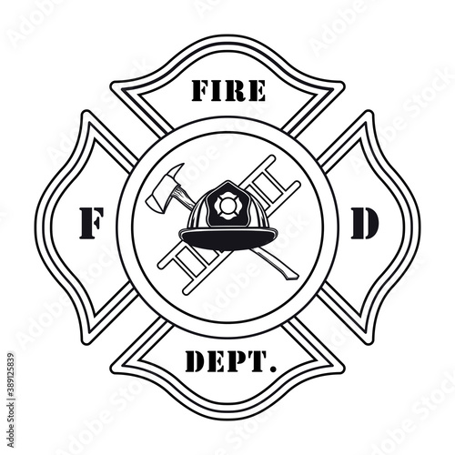 Fire dept emblem with helmet vector illustration. Ax, ladder, heraldry and ribbon. Rescue concept for firefighting or fire department badge template