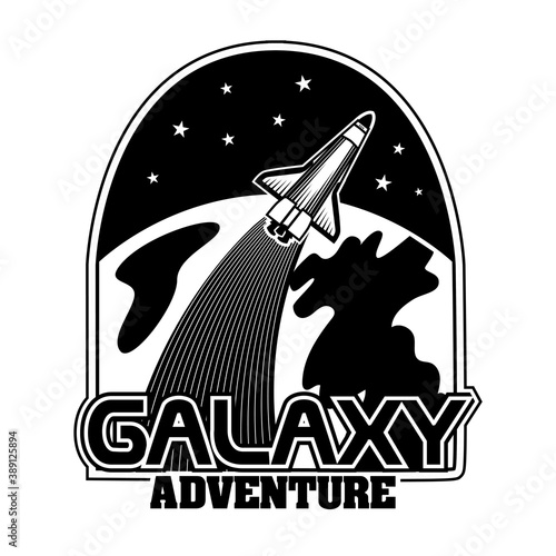 Monochrome extraterrestrial rocket vector illustration. Retro spaceship in front of planet. Science and space exploration concept can be used for retro template, banner or poster