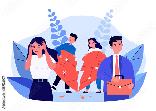 Sad kids holding broken heart and looking at parents. Family, child, quarrel flat vector illustration. Divorce and relationship concept for banner, website design or landing web page