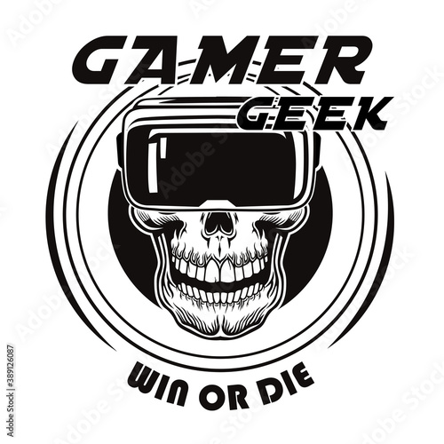 Vintage skull in virtual reality glasses vector illustration. Black dead head of gamer in VR. Videogame and computer tournament concept can be used for retro template, banner or poster