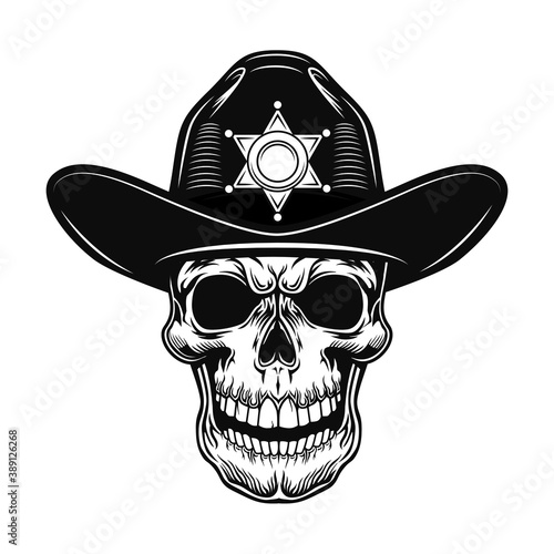 Skull of sheriff vector illustration. Head of police officer in hat with star. Authority concept for law and western topics or tattoo template