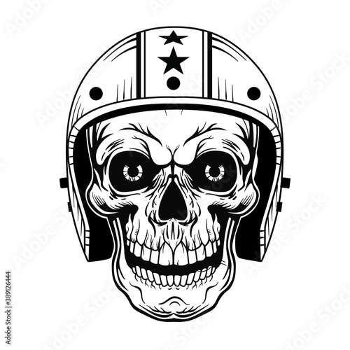 Vintage skull in helmet vector illustration. Monochrome dead head of biker. Tattoo design and motorcyclist club concept can be used for retro template, banner or poster