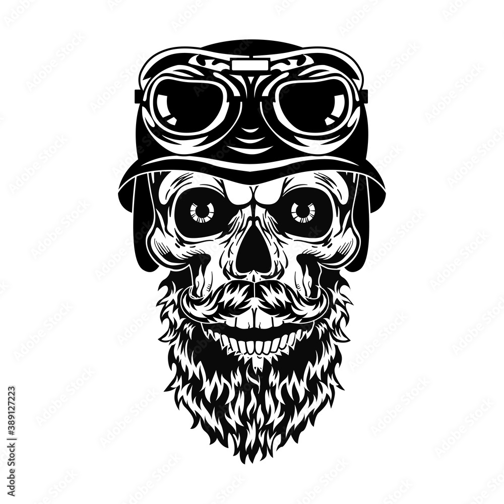 Monochrome bearded skull of hipster vector illustration. Retro dead head in helmet with glasses. Tattoo design and motorcyclist community concept can be used for retro template, banner or poster Monochrome bearded skull of hipster vector illustration. Retro dead head in helmet with glasses. Tattoo design and motorcyclist community concept can be used for retro template, banner or poster