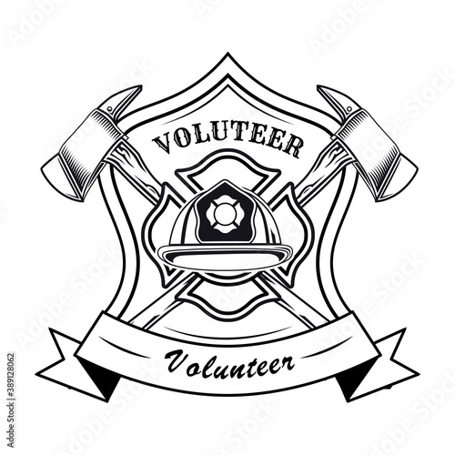 Firefighter volunteer patch with helmet vector illustration. Crossed axes, text, heraldry and ribbon. Rescue concept for firefighting or fire department badge template