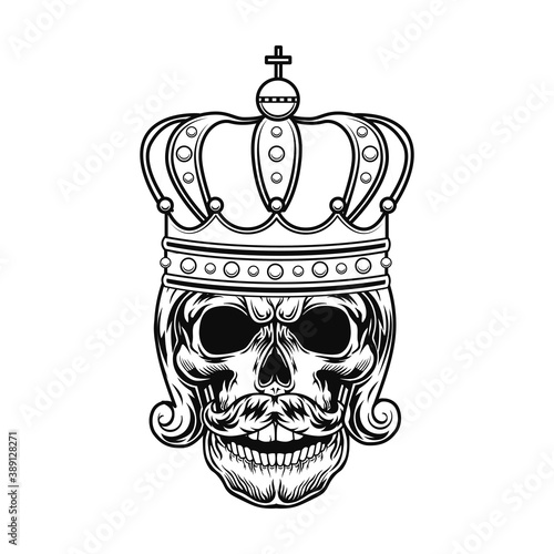 Skull of monarch vector illustration. Head of king or tsar with beard, royal hairdo and crown. Authority concept for monarchy topics or tattoo template