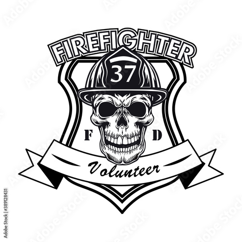 Firefighter volunteer badge with skull vector illustration. Head of character in helmet with number and text sample. Rescue concept for firefighting or fire department patch template