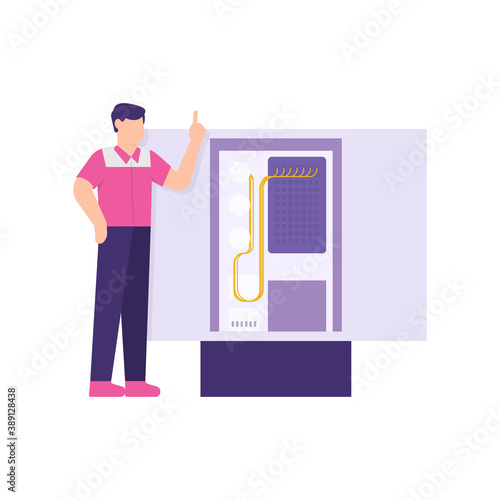 the concept of a fiber optic technician, IT and communications staff. illustration of male employee standing next to ODC or Optical Distribution Cabinet. maintenance and repair of machines. flat style