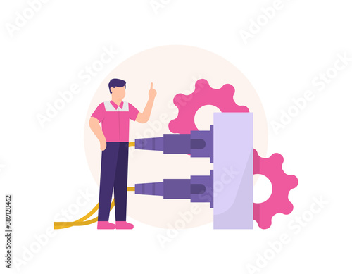 the concept of a fiber optic technician, IT and communications staff. Illustration of male employee standing and connecting fiber cable to the panel. maintenance and repair of machines. flat style