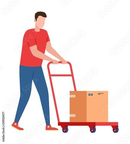 Courier pushing carriage with cargo parcel isolated on white