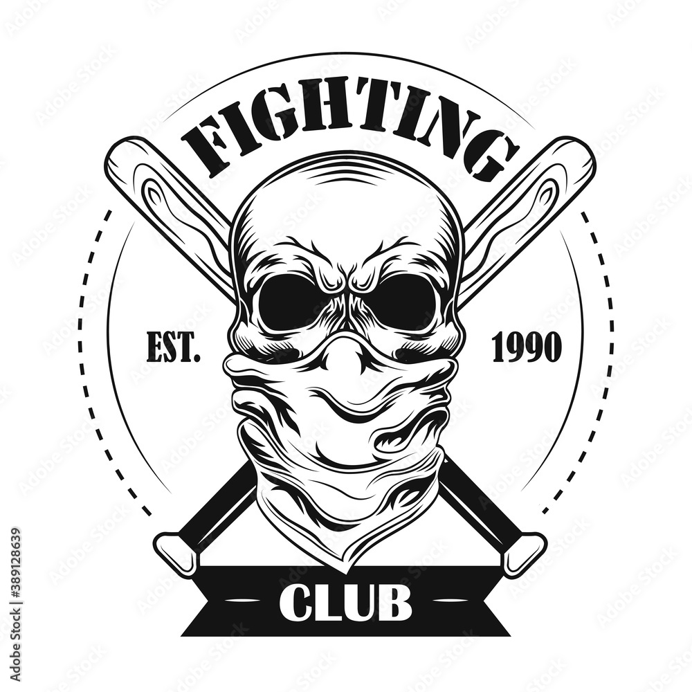 Fighting club member vector illustration. Skull in bandana, crossed baseball bats and text. Fight club concept for community emblems or badges templates Fighting club member vector illustration. Skull in bandana, crossed baseball bats and text. Fight club concept for community emblems or badges templates