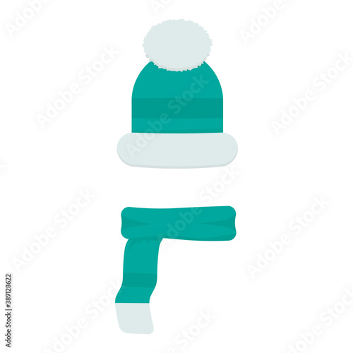 winter hat illustration. bobble hat decorated with pompom and green scarf. warm children's clothing or headwear. flat style. design elements