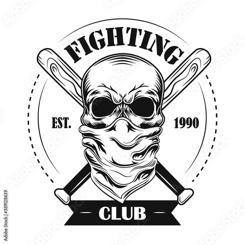 Fighting club member vector illustration. Skull in bandana, crossed baseball bats and text. Fight club concept for community emblems or badges templates