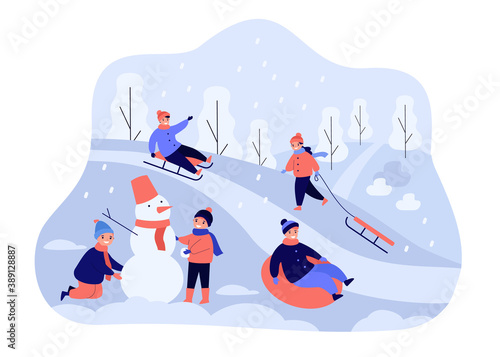 Happy kids sliding from hill on sleds isolated flat vector illustration. Cartoon children having fun and playing outdoors. Winter game activity, holiday and childhood concept