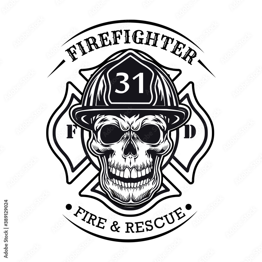 Firefighter badge with skull vector illustration. Head of character in helmet with heraldry and text sample. Rescue concept for firefighting or fire department patch template