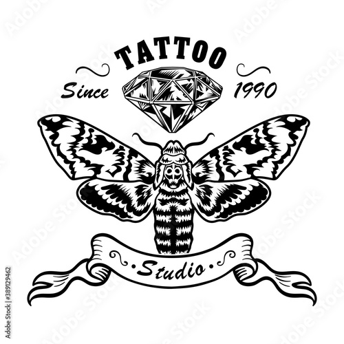 Retro tattoo with moth vector illustration. Vintage butterfly and diamond sketch. Tattoo design, art and style concept can be used for retro template, banner or poster
