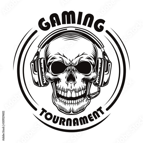 Black and white skull in headphones vector illustration. Vintage dead head of professional gamer. Videogame and gaming tournament concept can be used for retro template, banner or poster