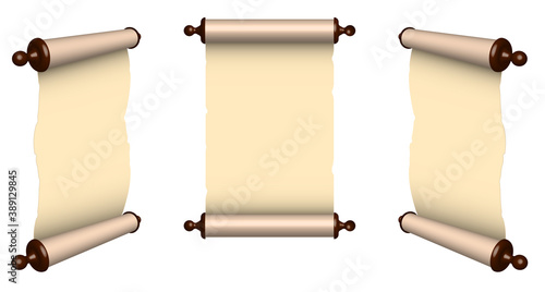 set of old scrolls with antique paper. Papyrus paper rolled up. Medieval letters and pirate treasure maps. Vector