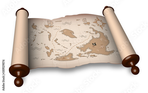 ancient scroll with pirate map in cartoon style. Children games, treasure hunt. Old map with treasure hunt route. Vector