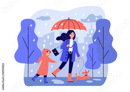Happy mum walking in raining day with dog and son isolated flat vector illustration. Cartoon mother and child in raincoats with dachshund. Bad weather and downpour concept