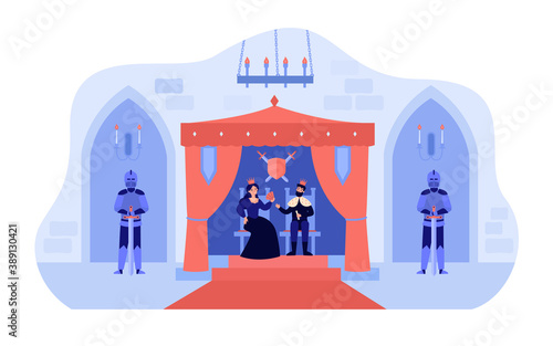 King and queen sitting on thrones in palace flat vector illustration. Cartoon medieval castle interior with knights. Monarchy and leadership concept