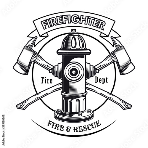 Firefighter stamp with hydrant vector illustration. Crossed axes and fire dept text. Rescue concept for firefighting or fire department emblem template