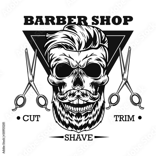 Barbershop advertising vector illustration. Skull with stylish beard and haircut, scissors, text sample. Hairstyle concept for barbershop or salon label template