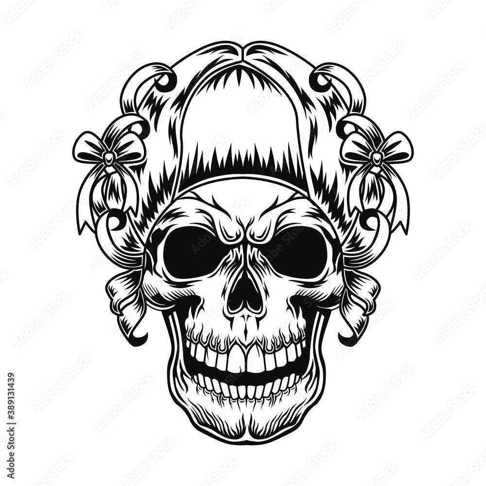 Fototapeta premium Skull of lady vector illustration. Head female character with retro hairstyle with ribbons and bows. Scary character concept for retro fashion or horror topics, club emblems, tattoo templates template