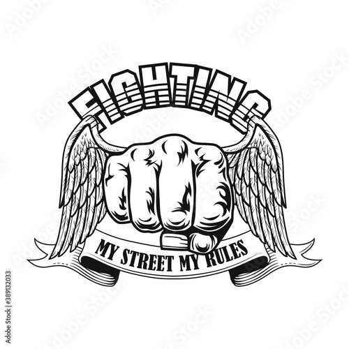 Street fighter badge vector illustration. Fists with wings, text on ribbon. Lifestyle concept for fight club emblem or gangsta tattoo templates