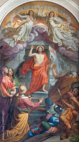 VIENNA, AUSTIRA - OCTOBER 22, 2020: The fresco of Resurrection in St. John the Nepomuk church by Leopold Schulz (1846).