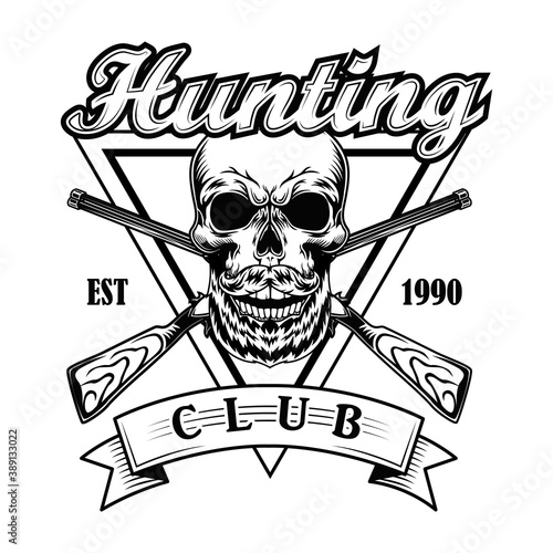 Hunter skull vector illustration. Bearded head, crossed riffles and text. Hunting animals concept for club and community emblems templates