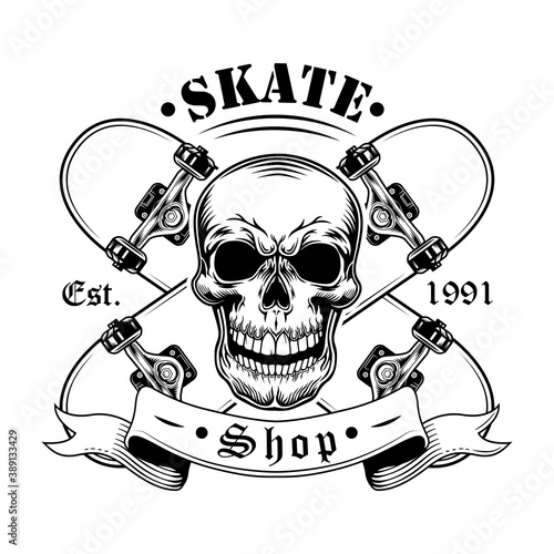 Skater skull vector illustration. Head of character with crossed skateboards and text. Extreme sport concept for community emblems or skate shop labels templates