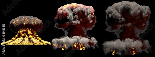 3D illustration of explosion - 3 huge different phases fire mushroom cloud explosion of atom bomb with smoke and flame isolated on black background