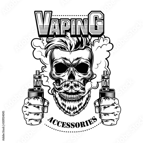Vaping accessories vector illustration. Trendy hipster bearded skull with electronic cigarettes and vapor. Retail concept for vape bar or store label, poster or emblem template