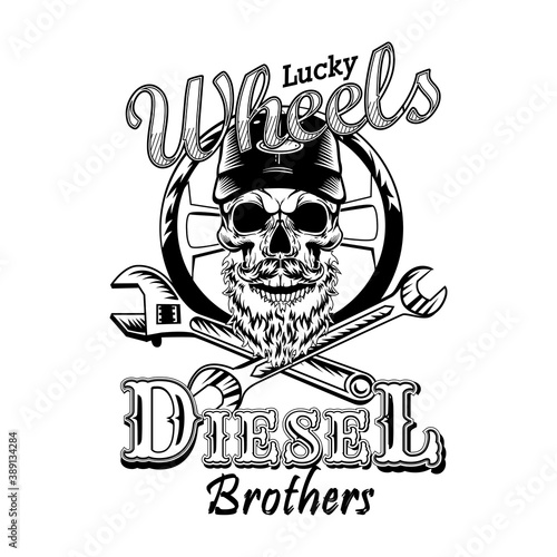 Retro skull of bearded repairman vector illustration. Monochrome spanner, wrench and wheel. Repair and service concept can be used for retro template, banner or poster