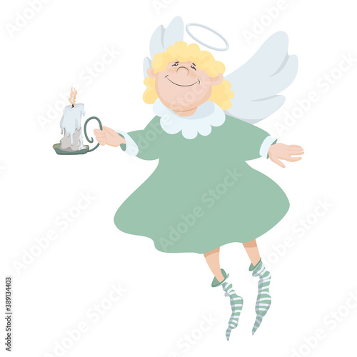 Cute little flying angel with candle in hand vector illustration